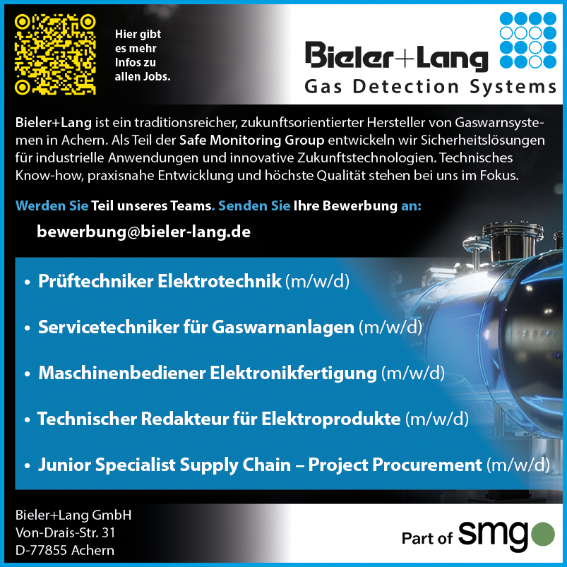 Bieler+Lang_offene Stellen Ortenau_Achern_Elektronikfertigung_Entwicklung_Servicetechniker_Gaswarnanlagen_Junior_Supply_Chain_Manager_Technischer_Redakteur_Februar_2026