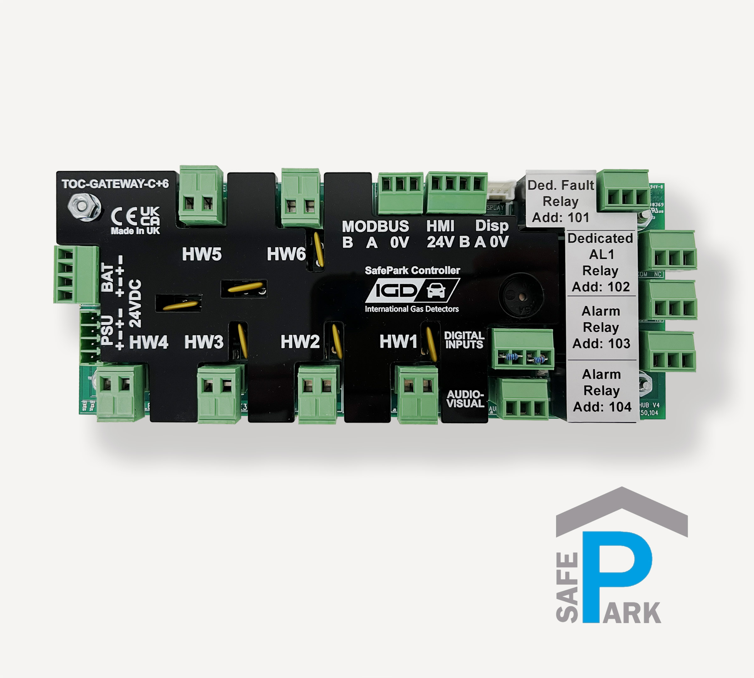 SafePark_GATEWAY-C+6_Bieler+Lang_Parkhaus_Gaswarnanlage_digitales_2-Draht-BUS-Auswertegerät_für bis zu 128_Messtellen_für_DIN-Schiene_Frontalansicht