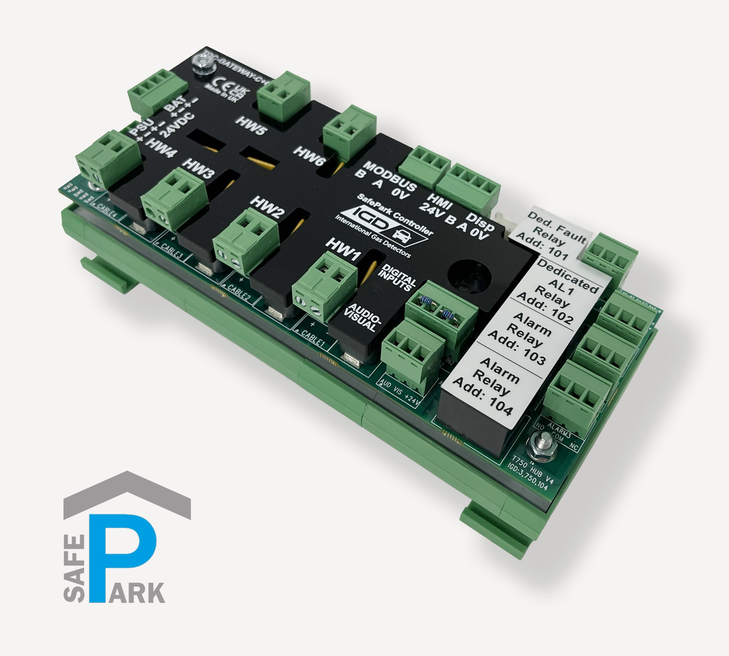 SafePark_GATEWAY-C+6_Bieler+Lang_Tiefgaragen_Gaswarnanlage_digitales_2-Draht-BUS-Steuer-und Auswertegerät_bis_zu_128_Messtellen_für_Hutschienenmontage_perspektivische Darstellung