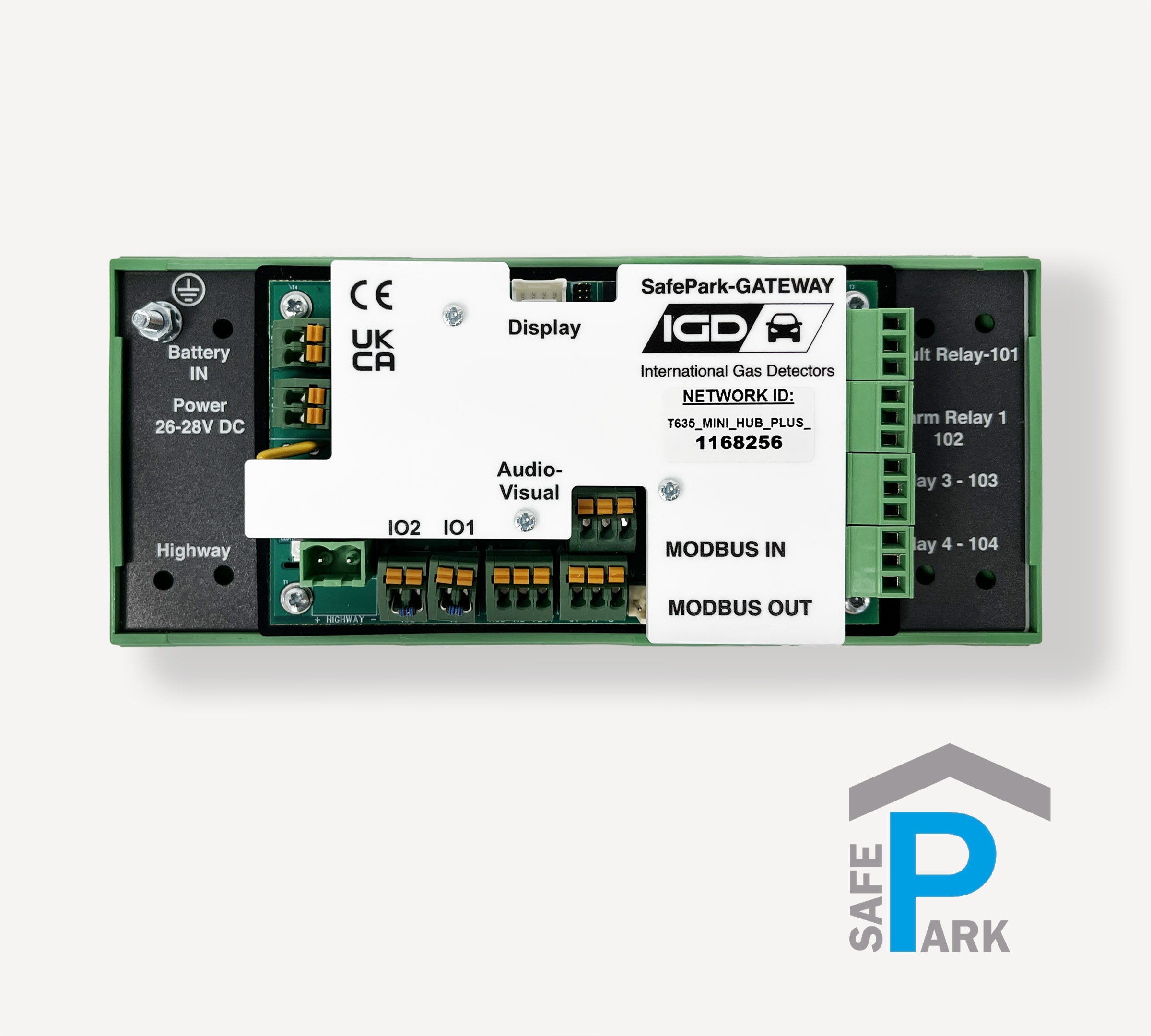 SafePark_GATEWAY-C_Bieler+Lang_Parkhaus_Gaswarnanlage_digitales_2-Draht-BUS-Auswertegerät_bis_32_Messtellen_für_DIN-Schiene_Front