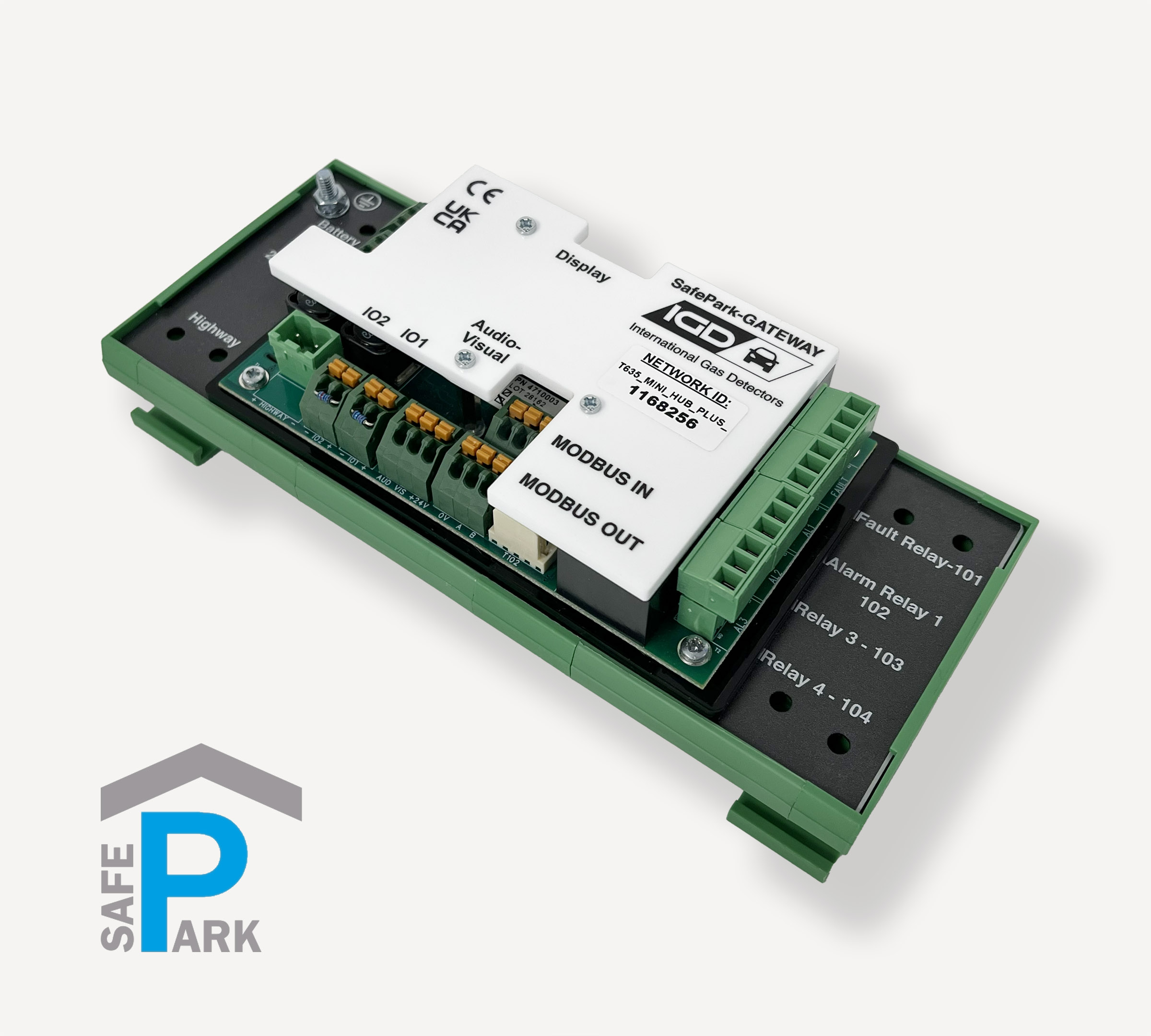 SafePark_GATEWAY-C_Bieler+Lang_Parkhaus_Gaswarnanlage_digitales_2-Draht-BUS-Auswertegerät_bis_32_Messtellen_für_DIN-Schiene_Front