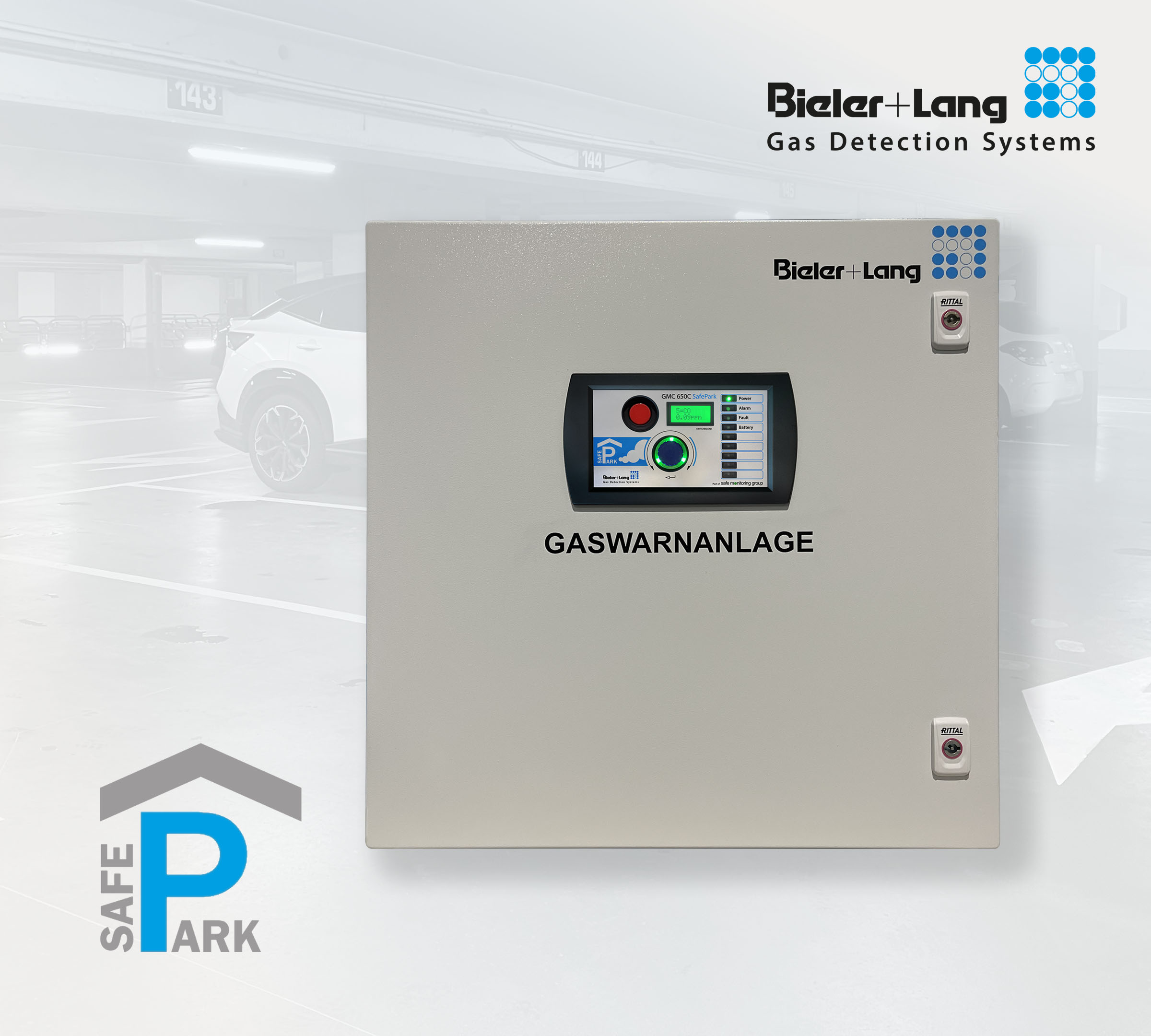 GMC 650C SafePark Switschboard_HMI_Bieler+Lang_Tiefgaragen_Parkhaus_Gaswarnanlage_Bedienpanel_mit_Farbwechseldisplay_montiert_in_Schaltschrank