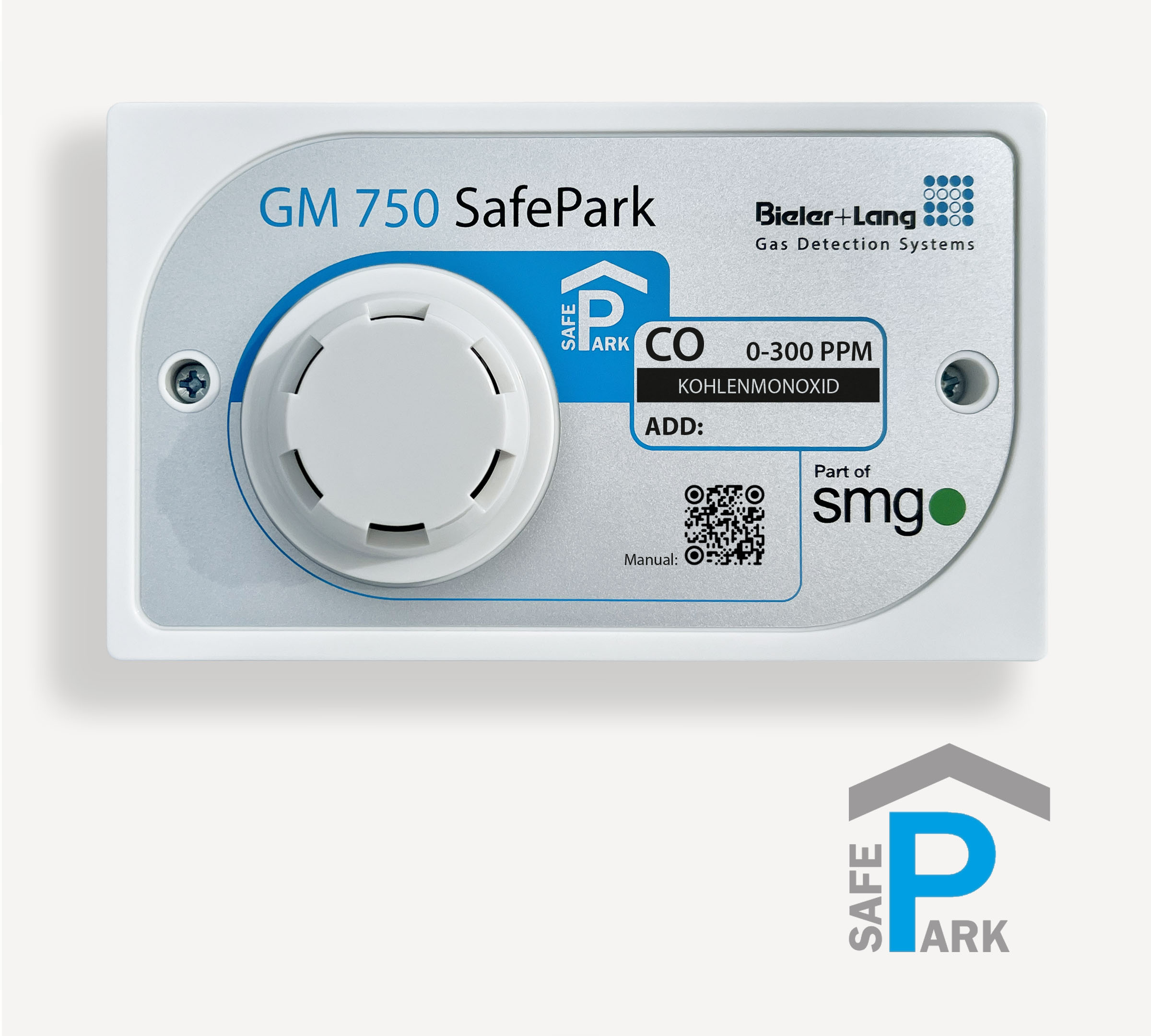 Bieler+Lang_GM 750 SafePark CO_0-300ppm_Gas_Detector_Carbon Monoxide_for_multi-storey car park_&_underground-parking-garage_2-wire-BUS_technology_front_view