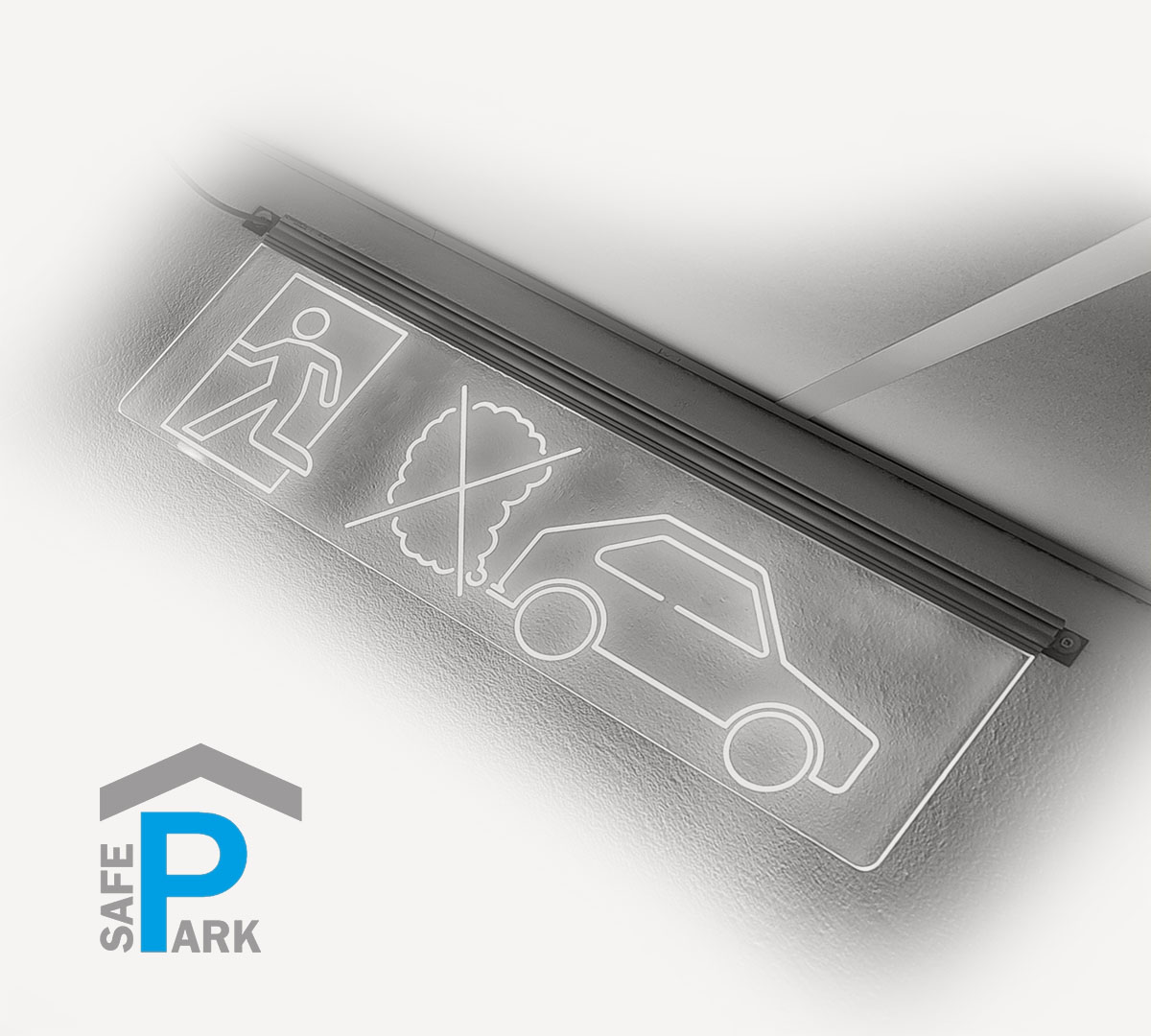 chic warning sign aluminum and acrylic car exhaust fumes in parking garages_Bieler+Lang_SafePark_light_transparent_underground_garages_with_pictogram_yellow_flashing