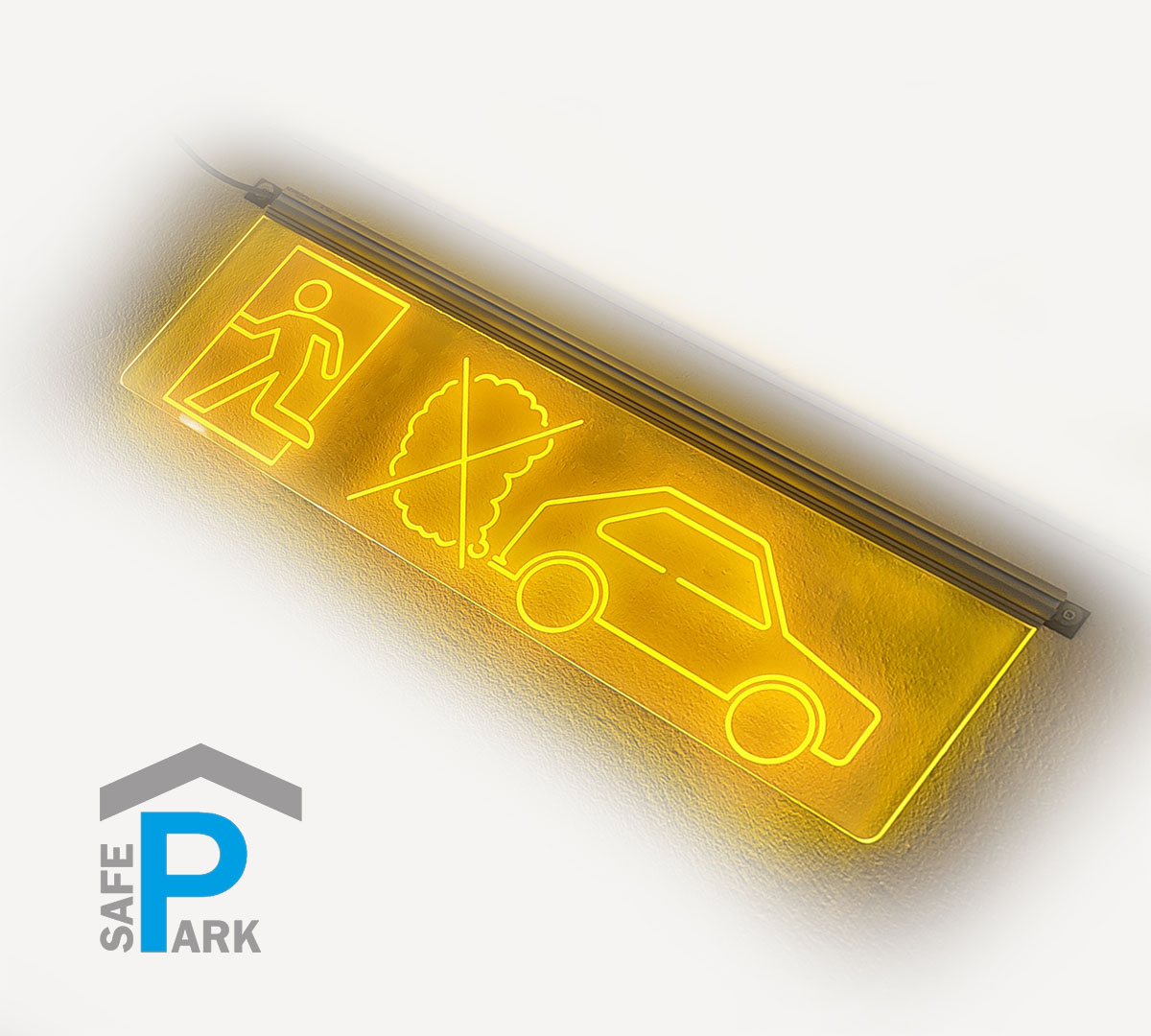24 VDC_Luminous_transparent_flashing_"Switch_off_engine_ | Leave_garage"_Bieler+Lang_SafePark_for_underground_garages_with_pictogram_yellow_flashing_complies_with_VDI 2053