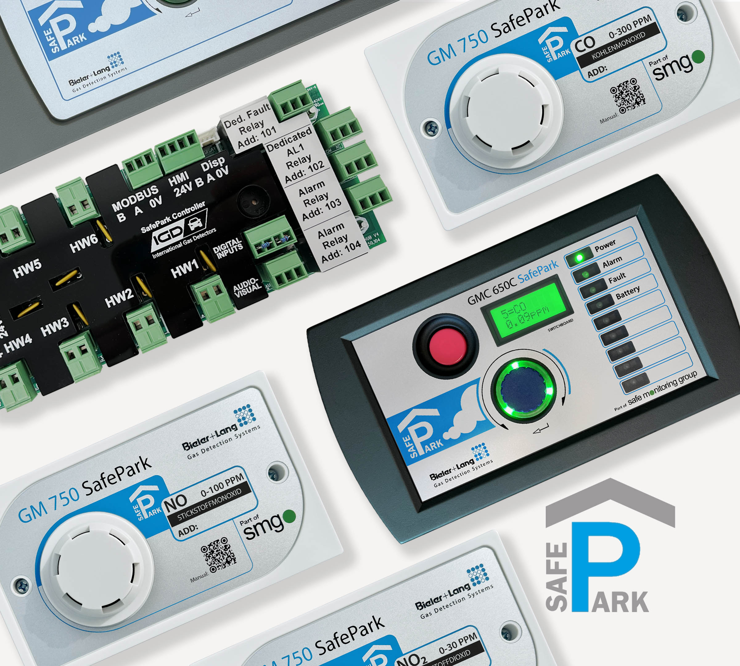 SafePark_Bieler+Lang_Underground parking gas warning systems detectors & controller I-O cards with 2-wire BUS technology DIN EN 50545-1