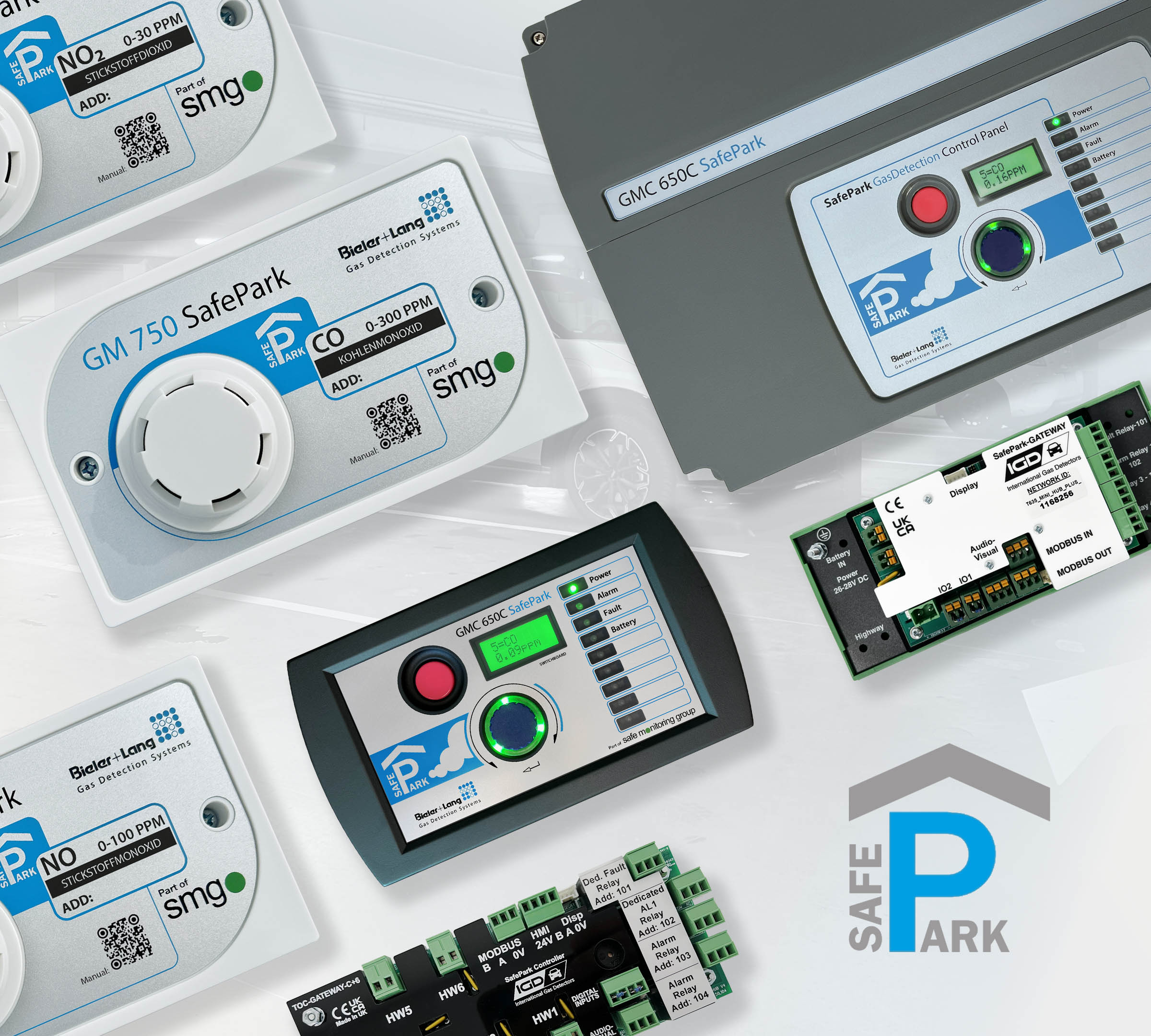 SafePark_von_Bieler+Lang_Produktübersicht_Tiefgaragen_Gaswarnanlagen_Messfühler_Auswertegeräte_I-O_Karten_mit_2-Draht-BUS-Technologie_DIN EN 50545-1